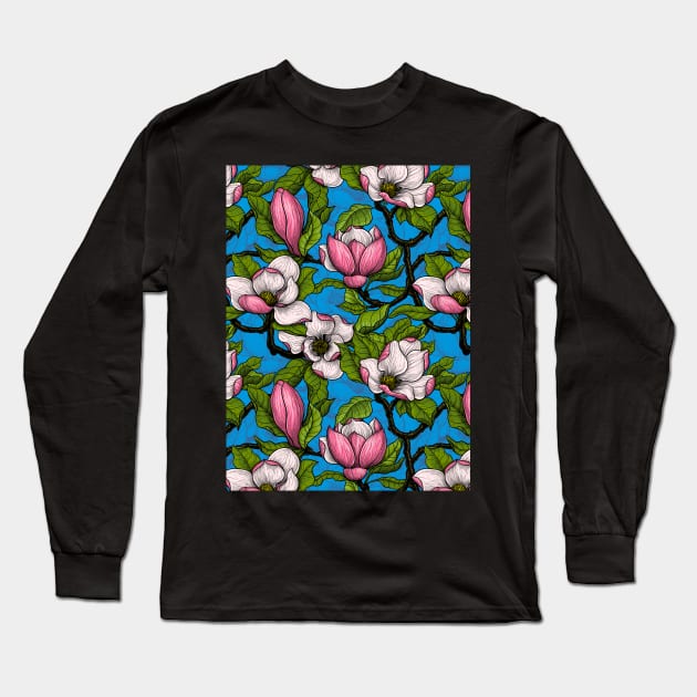 Blooming magnolia on blue Long Sleeve T-Shirt by katerinamk